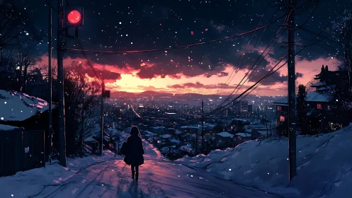Snowlit city descent under ember-bright winter sundown.