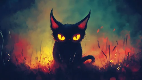 Black cat silhouette dominates fiery bokeh field environment