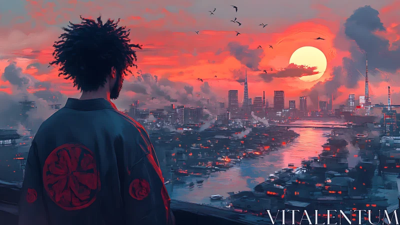 Sunset watcher quietly overlooks a neon washed riverside city