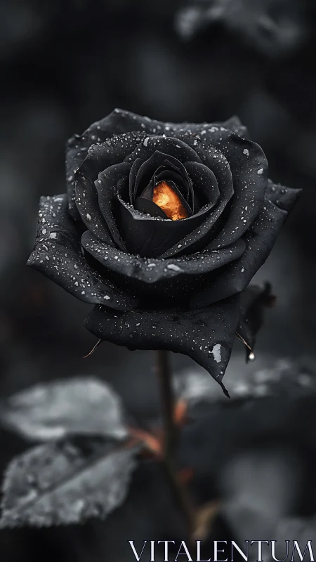 Black rose macro with water droplets and glowing orange core.