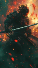 Armored swordsman stands amid dense flames and rising embers