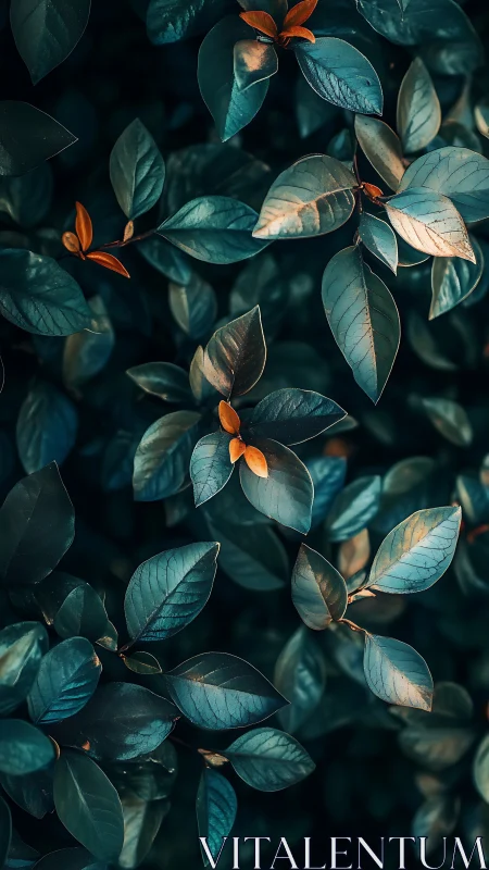 Teal foliage and copper leaves create a moody forest tapestry.