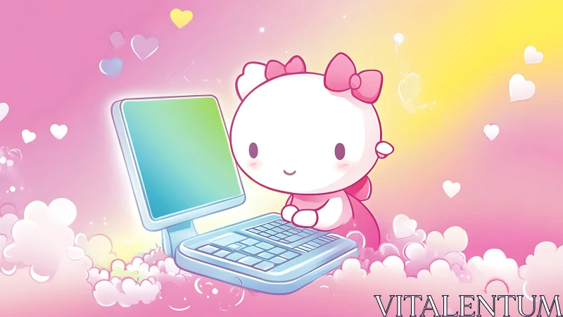 Kawaii character typing on pastel computer amid floating hearts