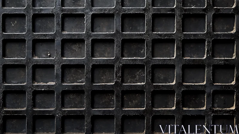 Aged metal grid surface displays repetitive square matrix pattern