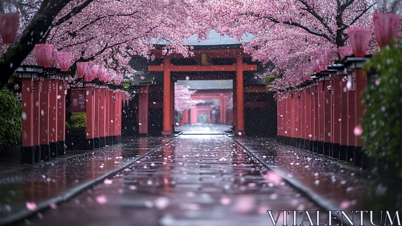 Cherry blossom rain polishes a shrine path into liquid glass