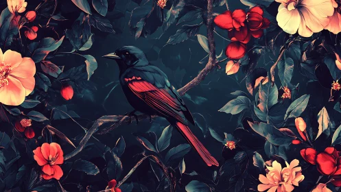 Iridescent songbird rests amid neon-lit florals on branches