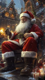 Santa Claus seated outdoors amid snow and lit houses at night.