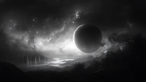 Monochrome alien sphere hovering over misty cascade world.