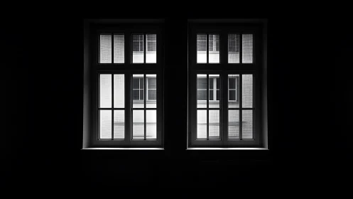 Quiet double windows opening onto a softly lit city wall.