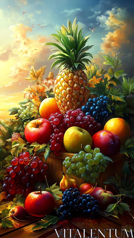 High-saturation fruit still life under dramatic sunset sky lighting