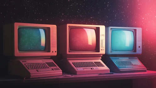 Three vintage desktop computers glow against starry backdrop