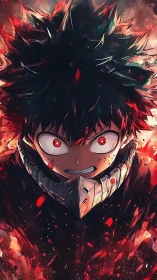 Intense anime portrait depicts masked boy amid eruptive embers