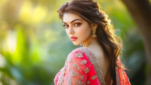 Woman in embroidered pink saree against blurred greenery.