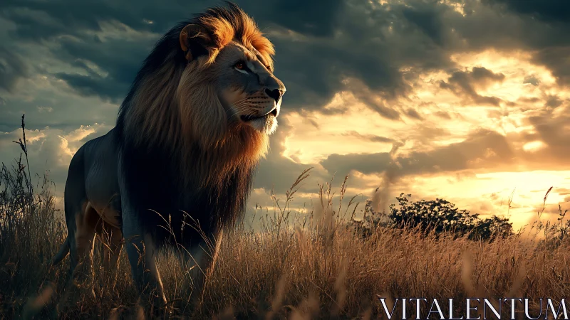 Lion of the golden savanna standing in glowing sunset light.