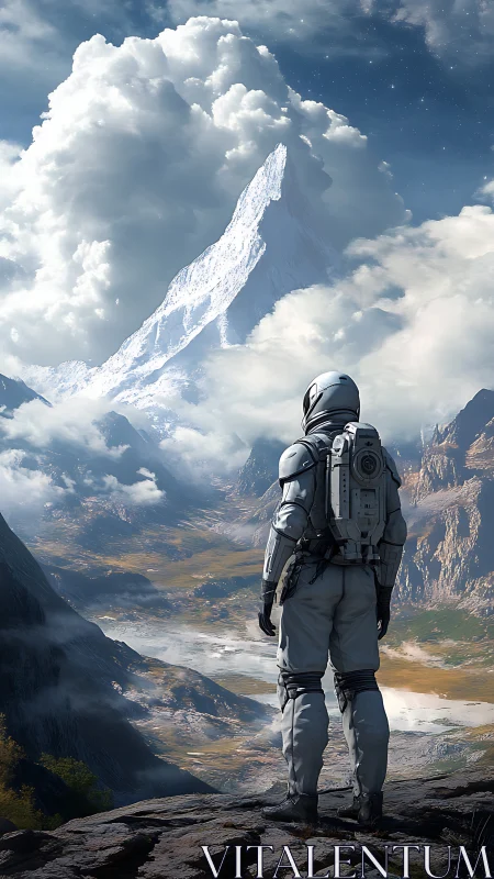 Solitary astronaut surveys colossal alien ice peak.