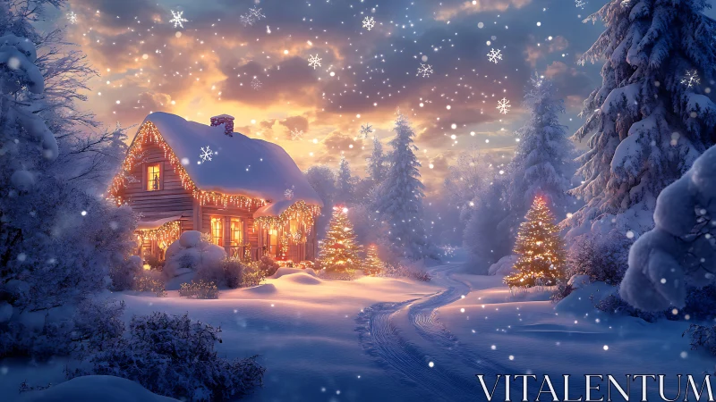 Cozy winter cottage glowing softly in a snowy forest evening.
