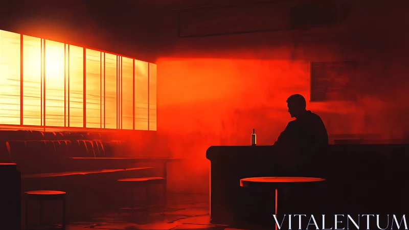 Solitary drinker in red lit bar interior at sunset.