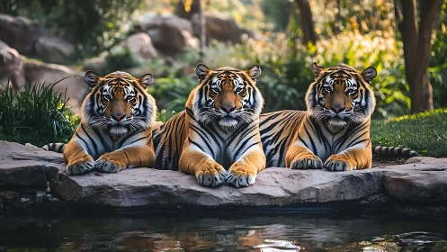 Three Bengal Tigers Resting Beside Water with Lush Forest Backdrop.