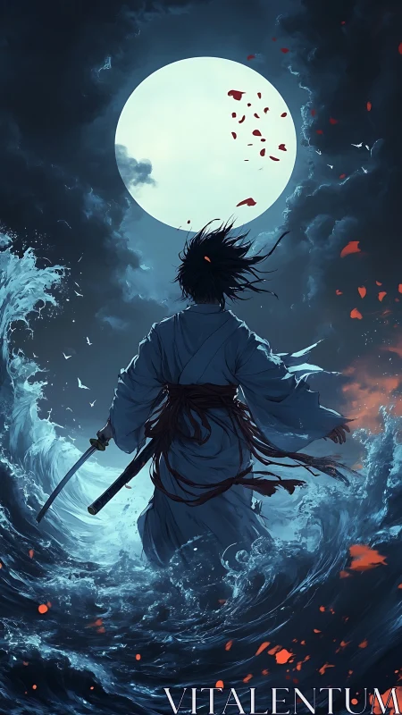Samurai strides through storm tide under full moon glow.