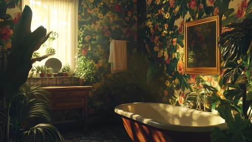 Sunlit floral bathroom invites slow, soothing moments of rest