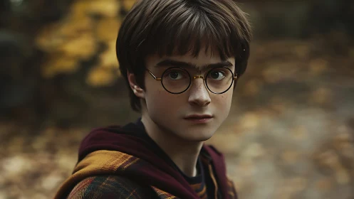 Quiet autumn gaze of a young boy in round glasses.