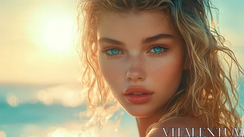 Sunlit beach portrait highlights bright eyes and soft waves