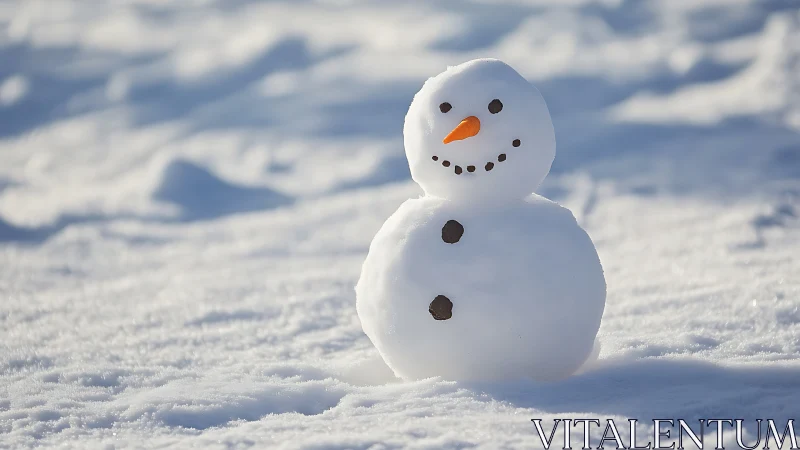 Cheerful little snowman smiling in a sunlit winter field.