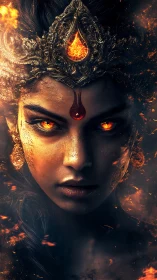 Fiery crowned goddess portrait with intense glowing eyes.