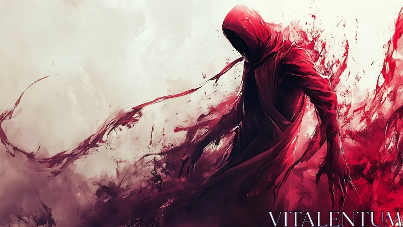 Hooded crimson wraith emerges from swirling blood mist