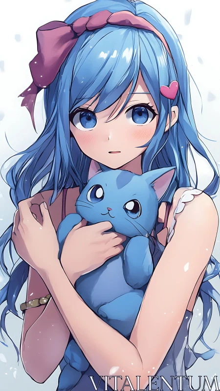 Blue-haired anime girl clutches stylized plush cat with soft shading