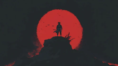 Anime silhouette against monumental red eclipse sun circle.