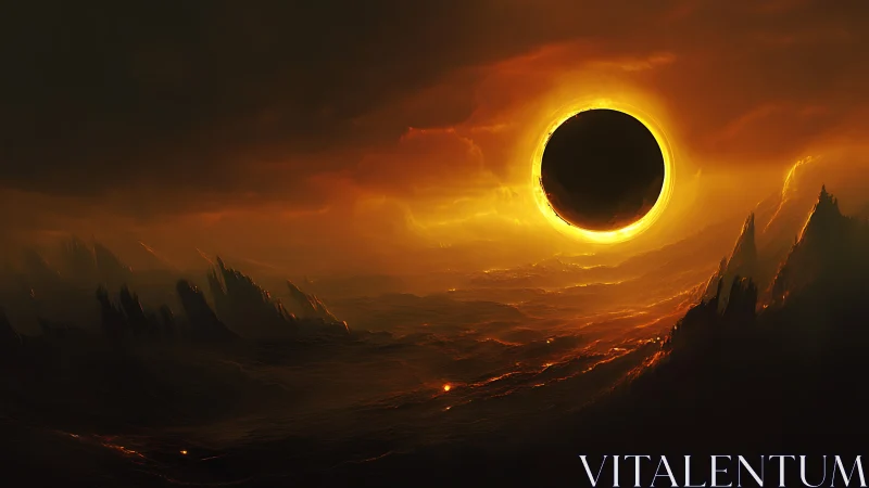 Stellar eclipse above molten ridged wasteland in amber haze