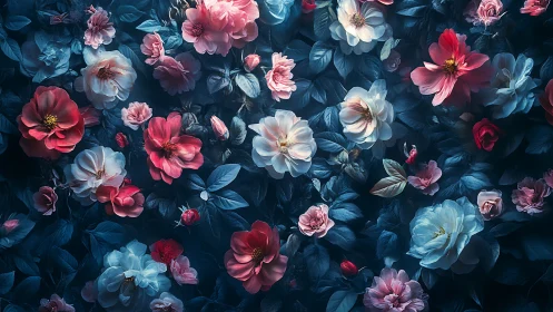 Dimensional florals arranged densely against deep teal backdrop with volumetric lighting.