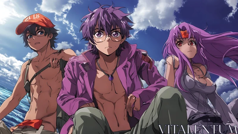 Anime trio in dynamic low-angle seascape under dramatic sky
