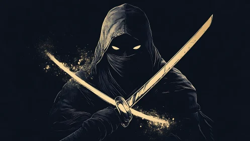 Hooded ninja warrior with crossed glowing katanas poised.