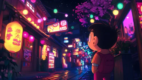 Child explores neon lit alley under lanterns at night