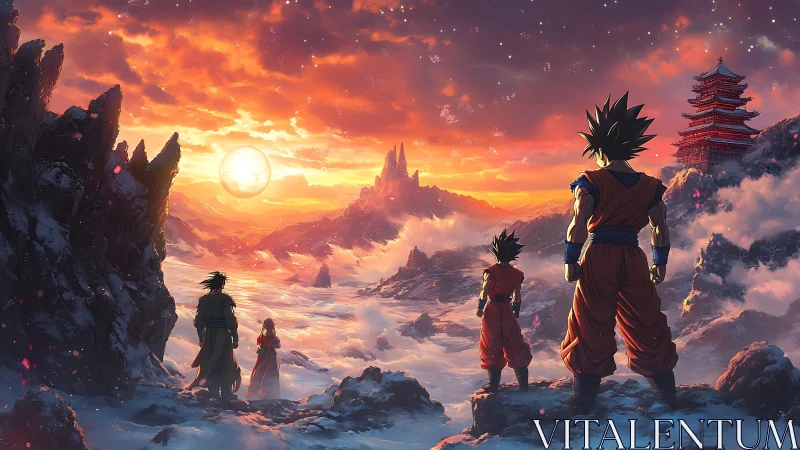 Anime warriors observe a luminous orb over snowy valley at dusk
