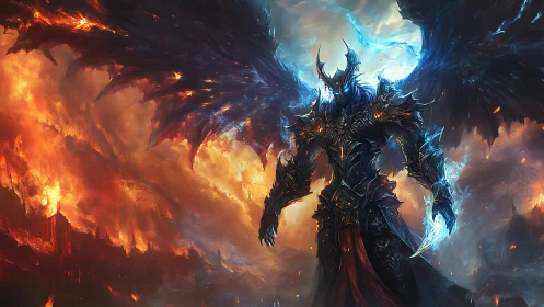 Armored demonic warlord dominates apocalyptic inferno skyline