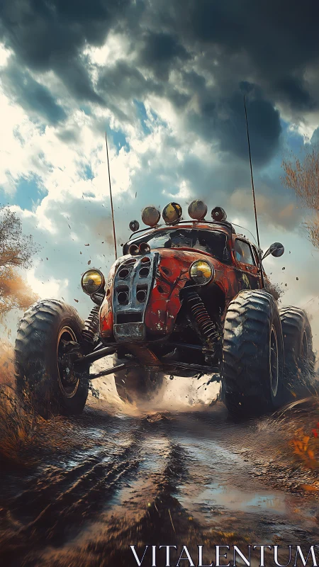 Mud-charging mutant buggy storms a bruised wild sky.