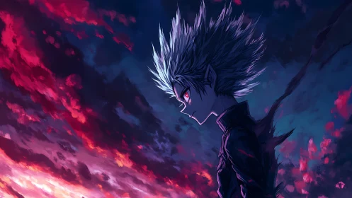 Spiky haired anime boy stares ahead against vivid sunset sky