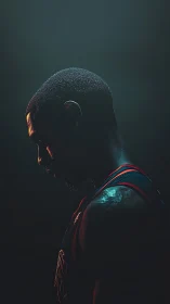 Moody sidelit basketball player captured in quiet focus.