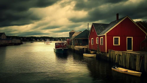 Stormy harbor inlet with red wooden boathouses and boats.
