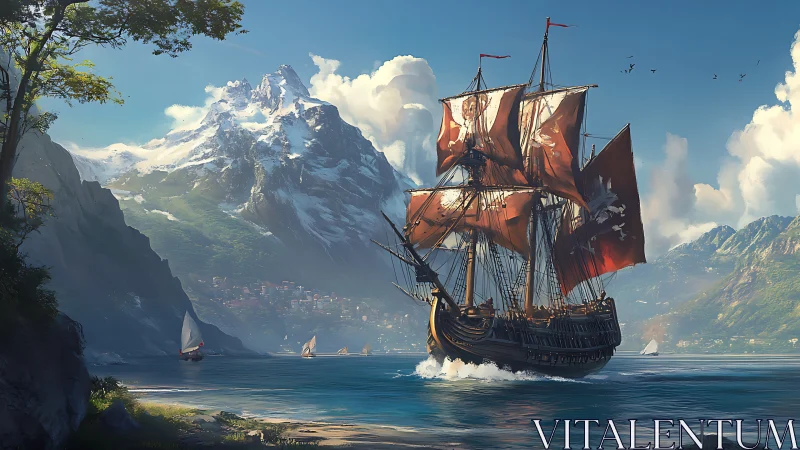 Crimson-sailed voyage beneath towering snowlit mountains.