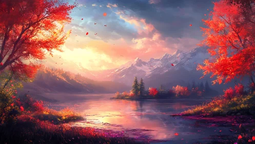 Crimson forests cradle a glassy lake beneath painted dawn