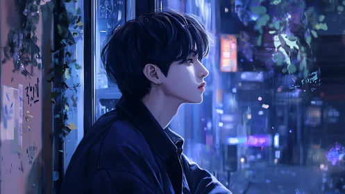Quiet city night portrait bathed in soft neon blues.