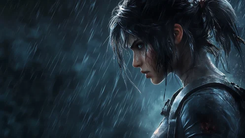 Storm-soaked warrior girl ignites resolve in electric rainstorm.