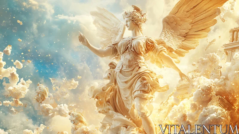 Golden winged guardian striding through glowing cloud realms.