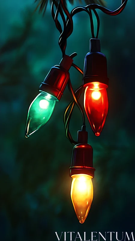 Tri-color C7 holiday bulbs with soft bokeh teal backdrop