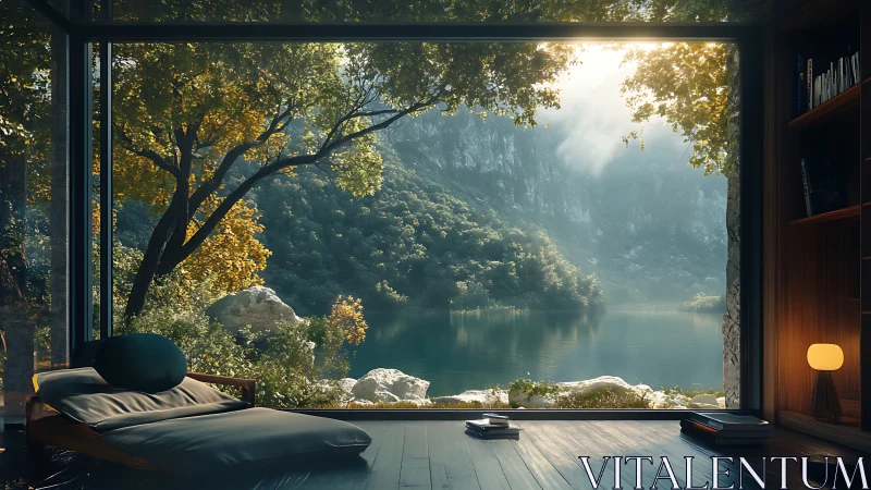 Glass-walled lakeside retreat cradle under misty emerald cliffs.