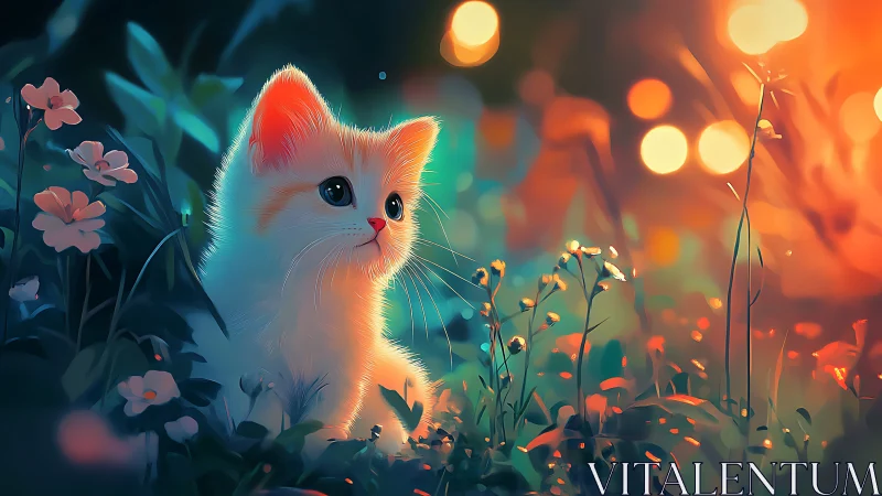 White Cat in Luminous Garden with Golden Bokeh Lights